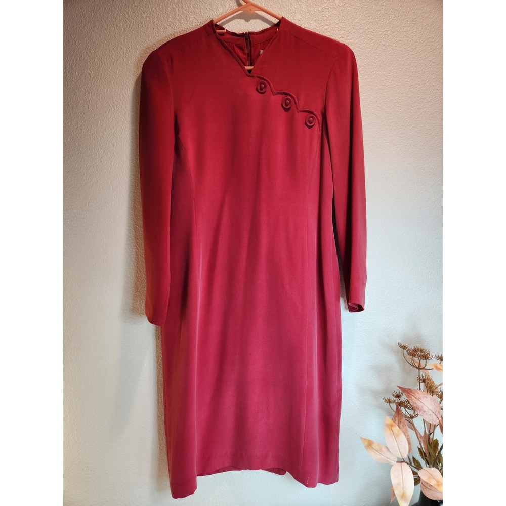 SHOMI by White Shop 100% Silk Vintage Midi Dress‎ 10 Red Asymmetrical